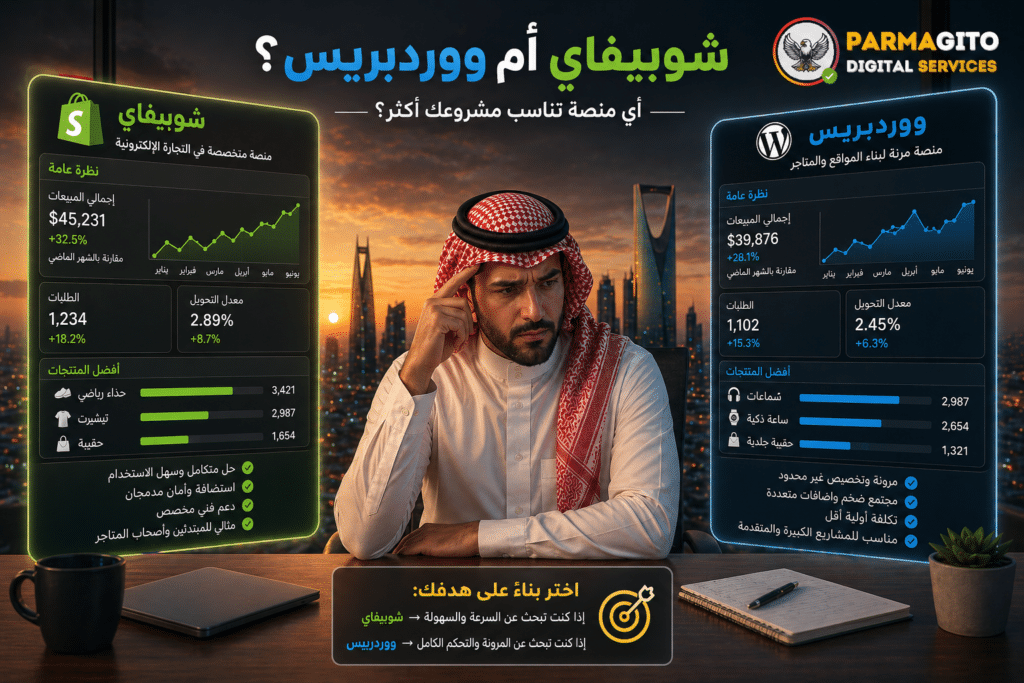 رائد أعمال يقارن بين منصتي Shopify وWordPress داخل مكتب حديث