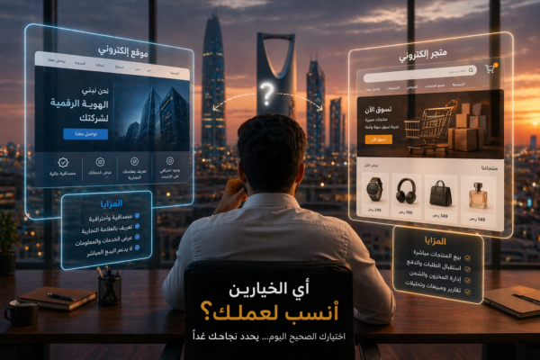 رائد أعمال يقارن بين موقع إلكتروني ومتجر إلكتروني