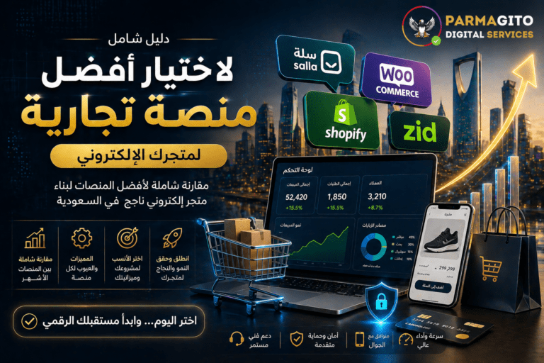 مشهد احترافي يعرض مقارنة أفضل منصات التجارة الإلكترونية في السعودية مثل سلة وزد وShopify وWooCommerce مع لوحة تحكم متجر إلكتروني وتحليل الأداء